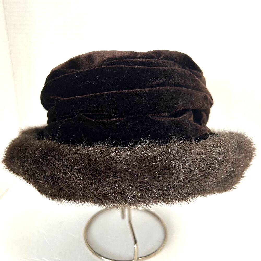 Vintage Frangi Brown Cloche Hat Velvet With Faux Fur Trim